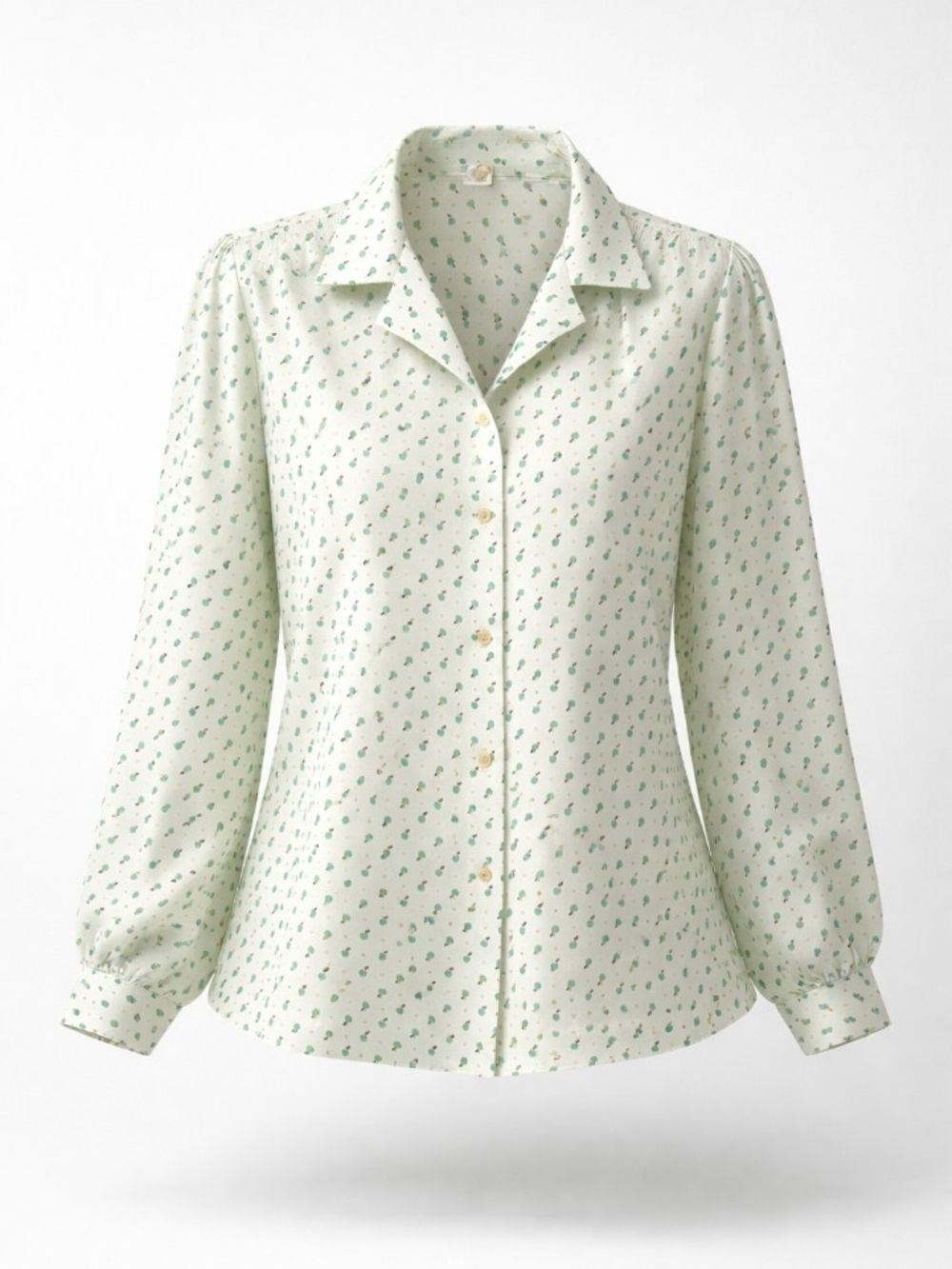Women's Cream Button-Front Blouse with Green Apples Print